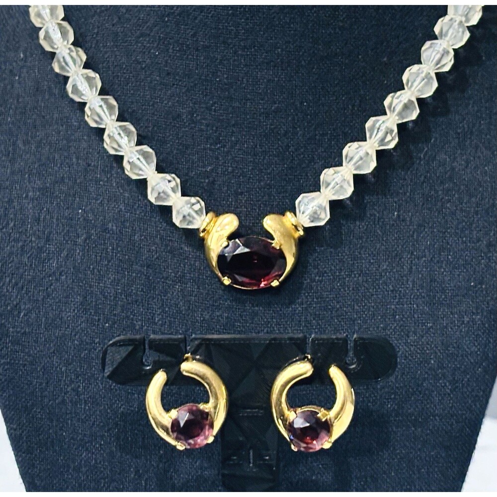 Vintage Trifari Aldo Cipullo Necklace Earrings Set Purple Glass Lucite Bead
